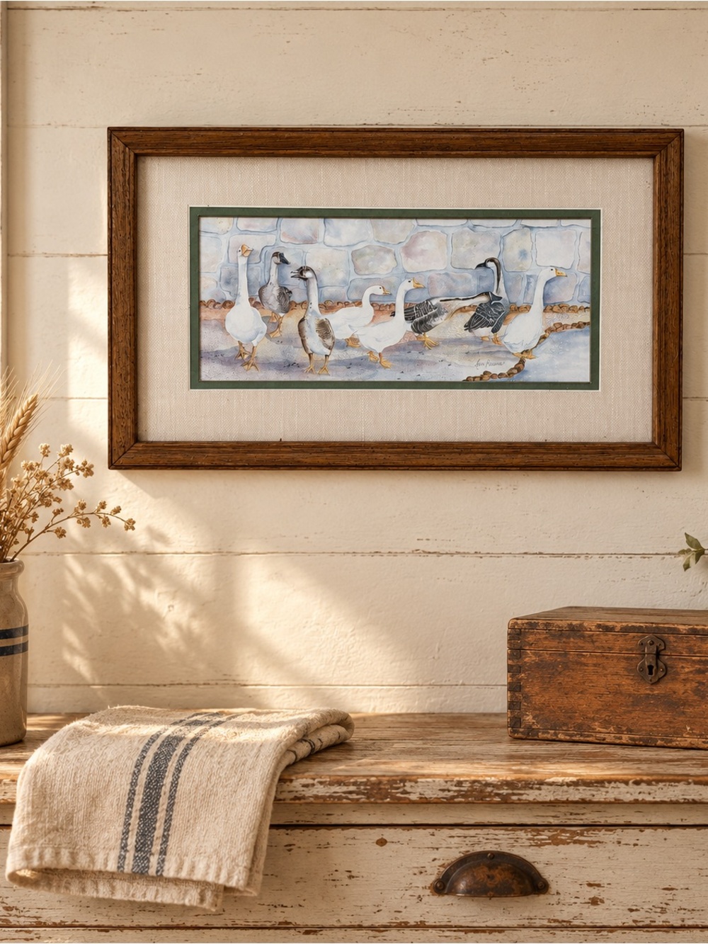 Vintage Framed Goose Print Signed Freeman Country Farmhouse Cottagecore Wall Art